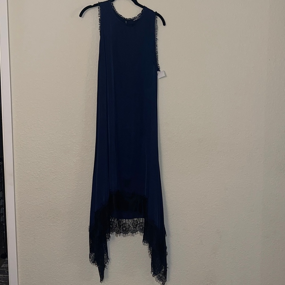 Dark blue high low satin dress with Lacey bottom size medium